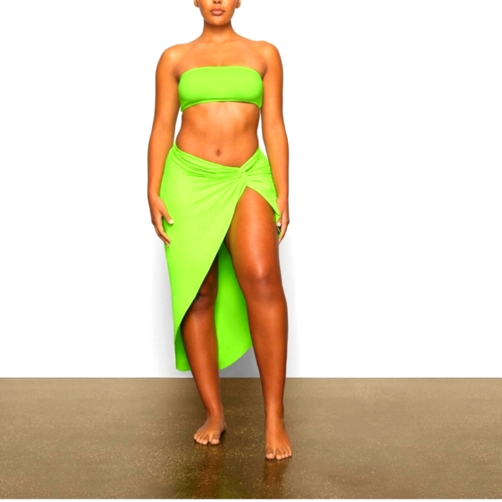 NWT SKIMS RECYCLED SWIM SARONG SKIRT NEON GREEN 4X ASMETRICAL COVER